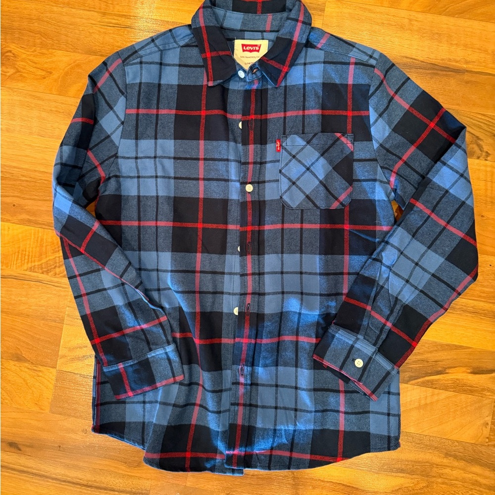 Levi’s boys plaid button down‎ blue and red size L 14/16 casual flannel